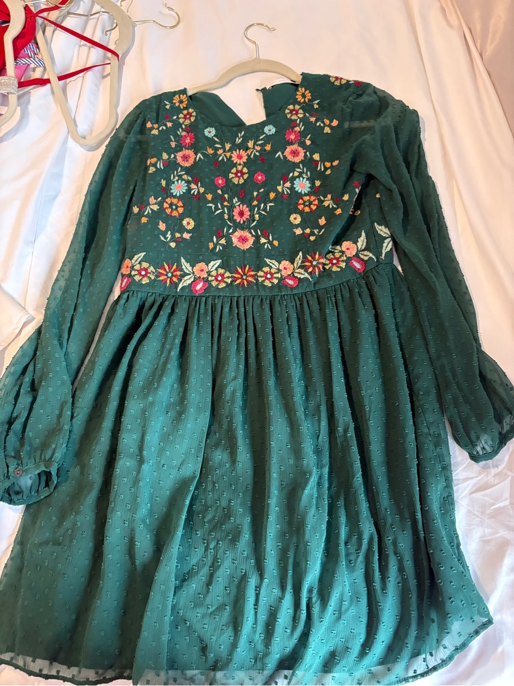 Zara Green Floral-Embroidered Long Sleeve Dress